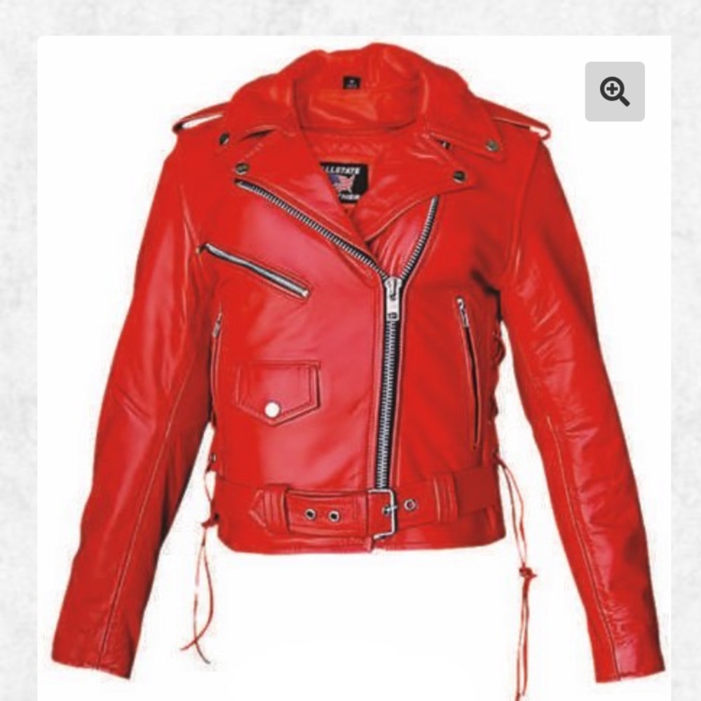 Ladies Cowhide Red Leather Motorcycle Jacket